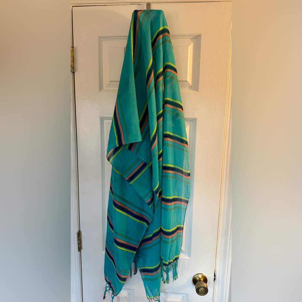 Long fashion striped scarf with fringe - teal, navy, yellow, salmon, green - Picture 6 of 11